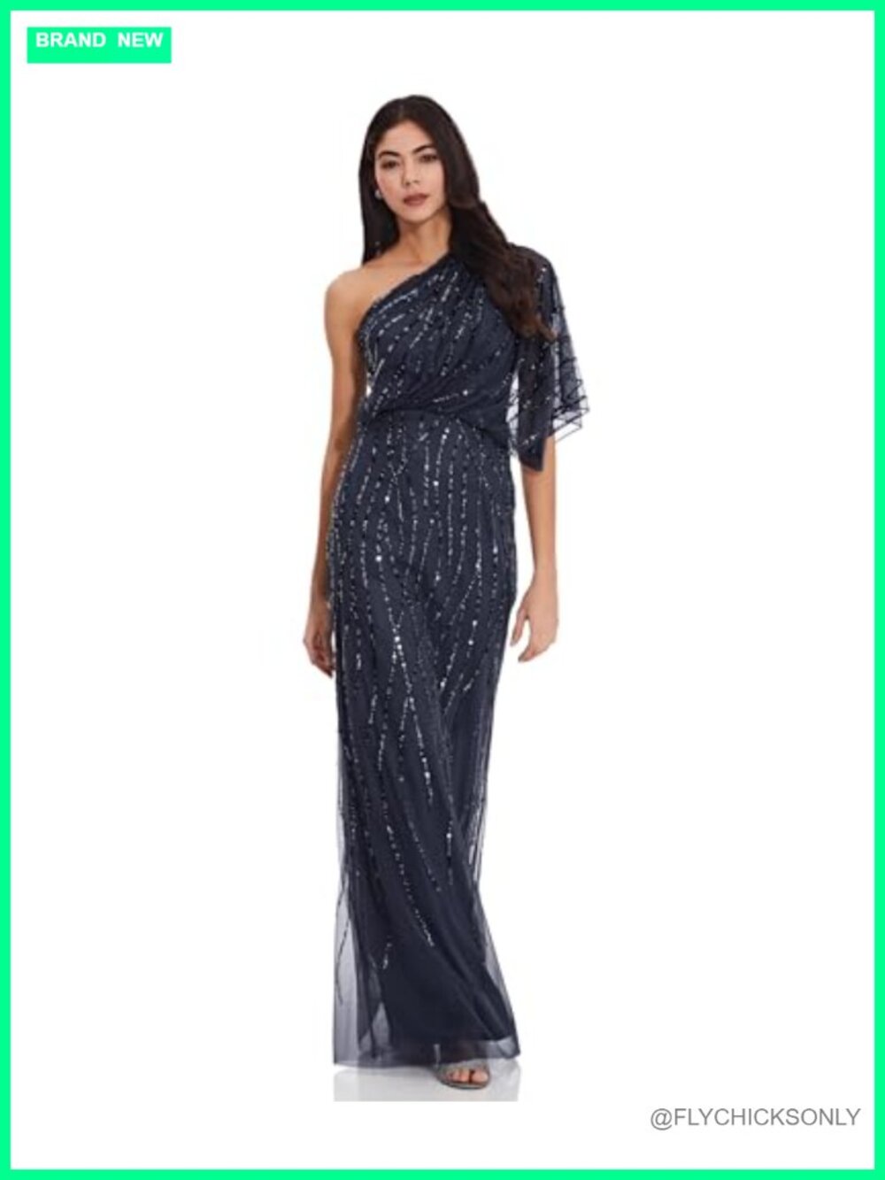 Long Beaded Sequin Maxi Formal Dress One Shoulder Flutter Sleeve